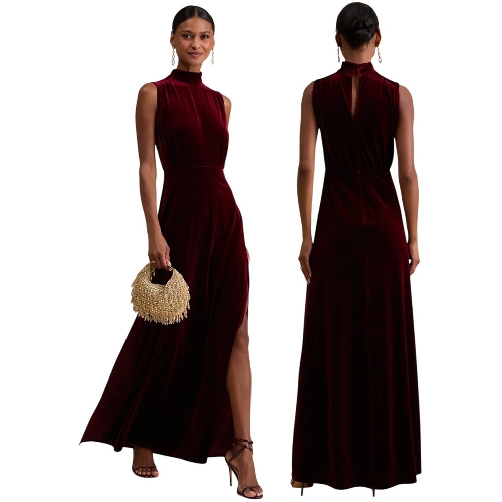 Lulus Classic Elegance Wine Red Velvet Sleeveless Mock Neck Maxi Dress Large - Picture 1 of 10